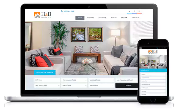 Web para inmobiliaria responsive. Portatil y móvil donde aparece la web hybhomes.com