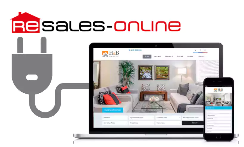 Web para inmobiliaria responsive. Portatil y móvil donde aparece la web hybhomes.com